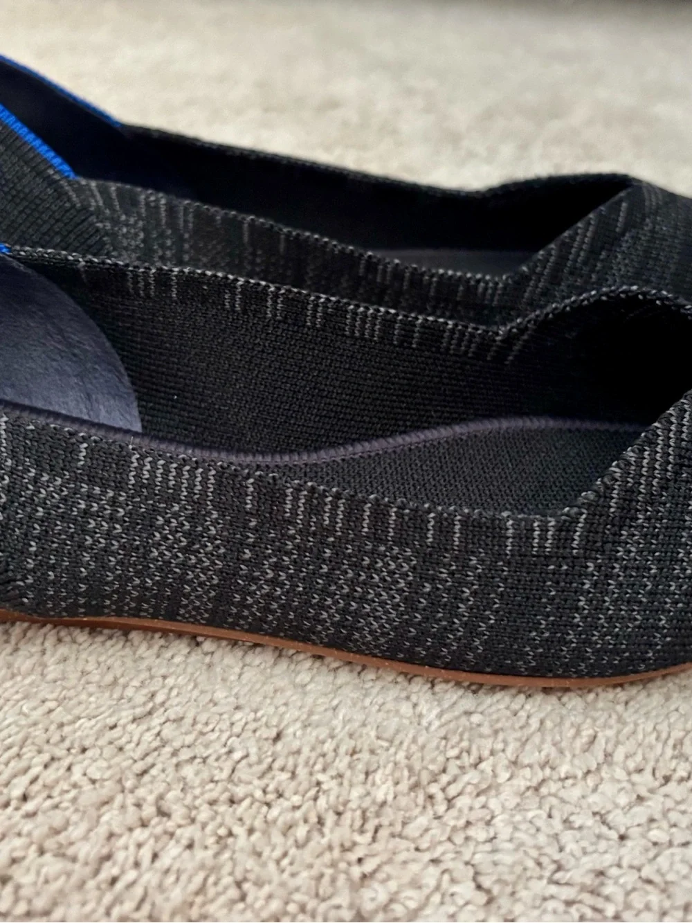 Rothy's Pointed Knit Flats in Black/Grey with Blue Trim